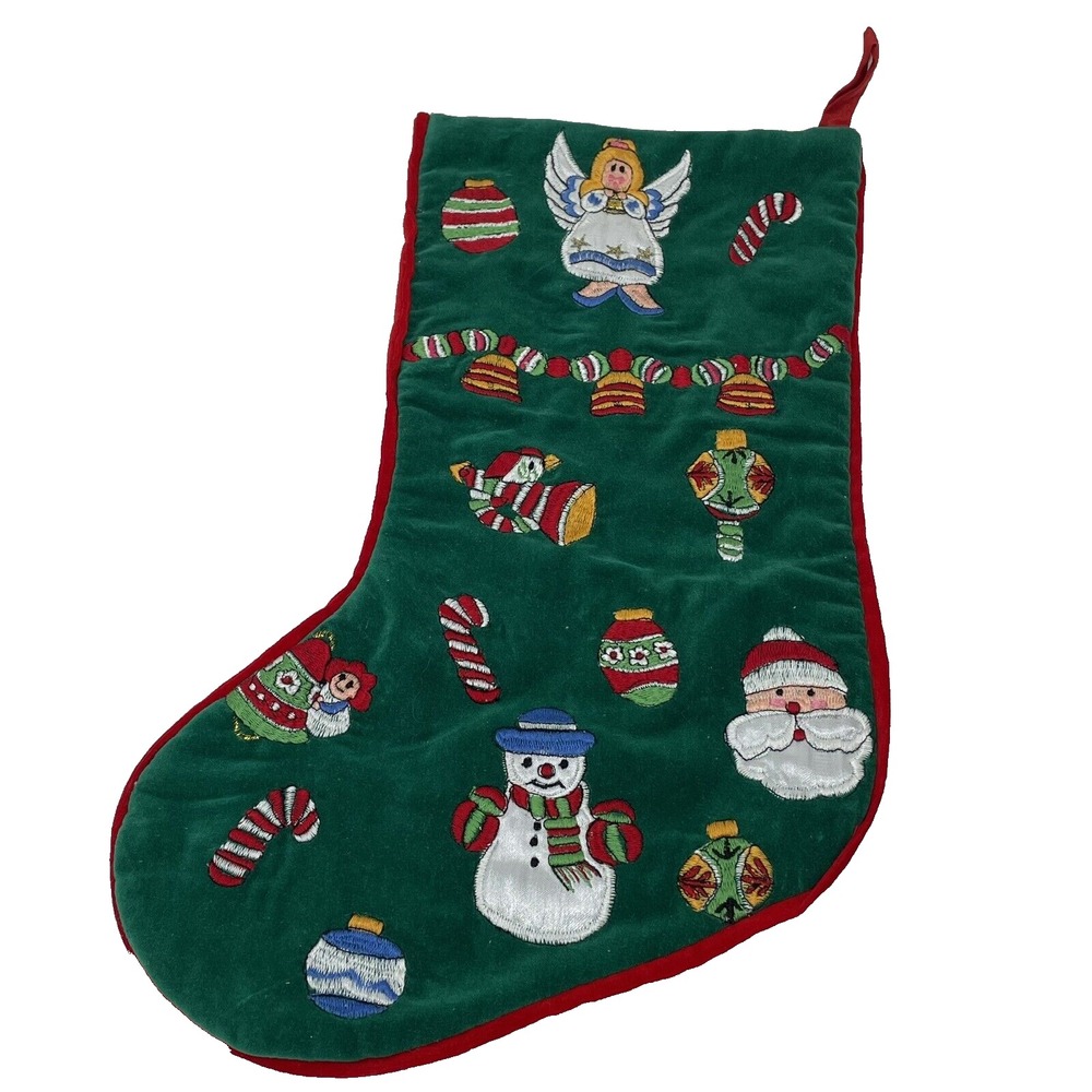 Velvet‎ Embroidered Applique Christmas Stocking Piping Santa Claus Snowman VTG